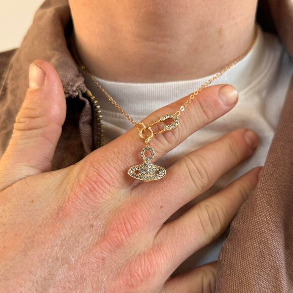 Y2K 2000s Rose Gold Iced Out Planet Necklace Unisex Vintage Chain New - Picture 4 of 10